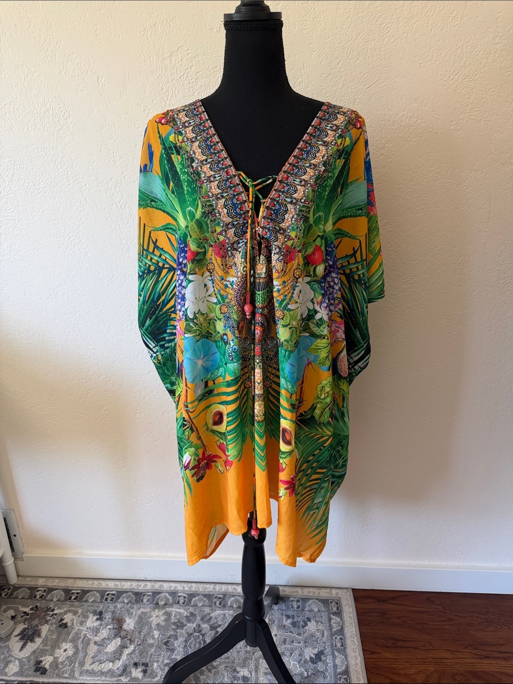 EUC SHAHIDA PARIDES Vibrant Tropical Print Tunic Caftan - Yellow & Green